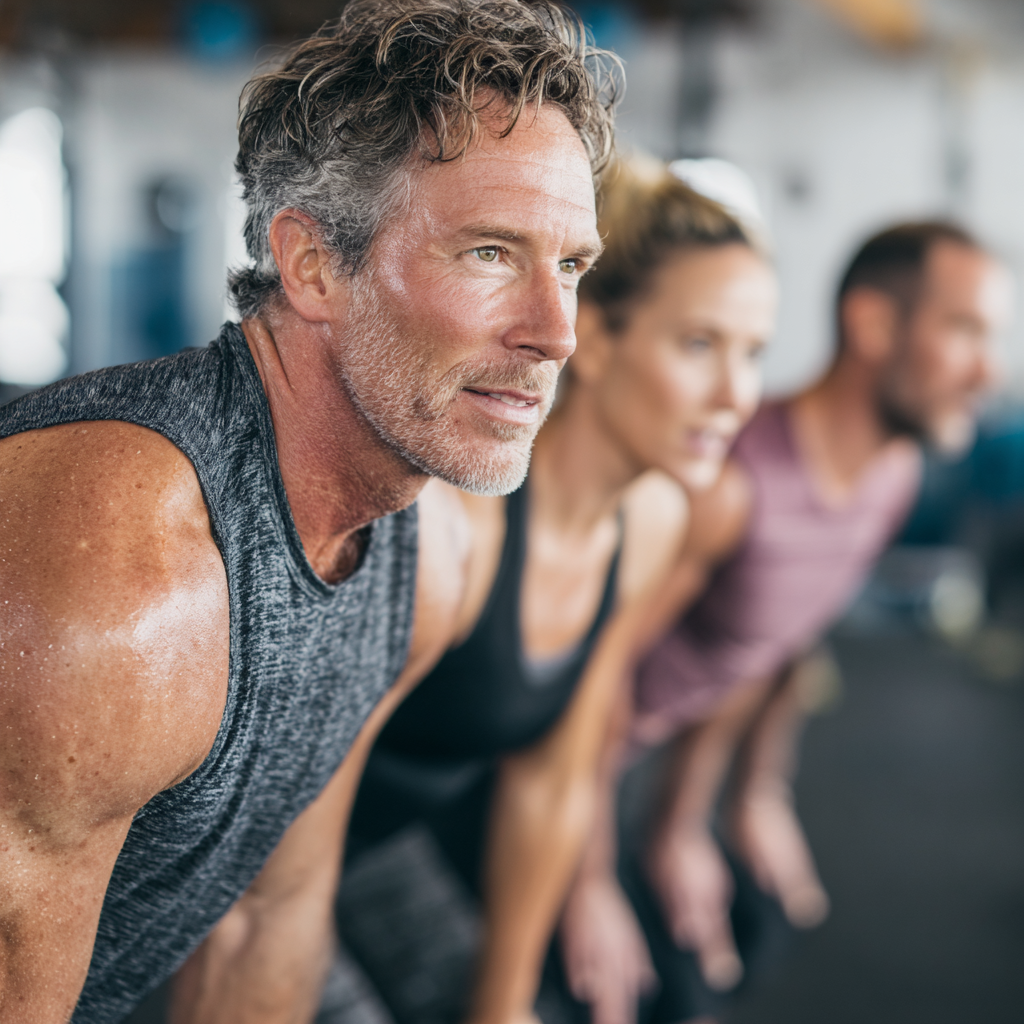 middle-aged fitness enthusiasts participating in modern training program